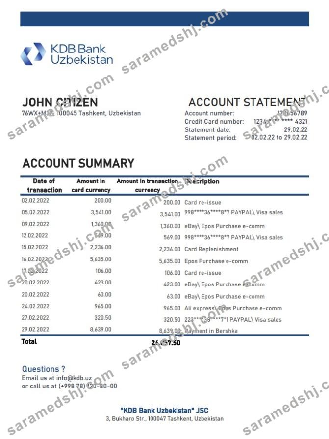 Uzbekistan KDB bank statement